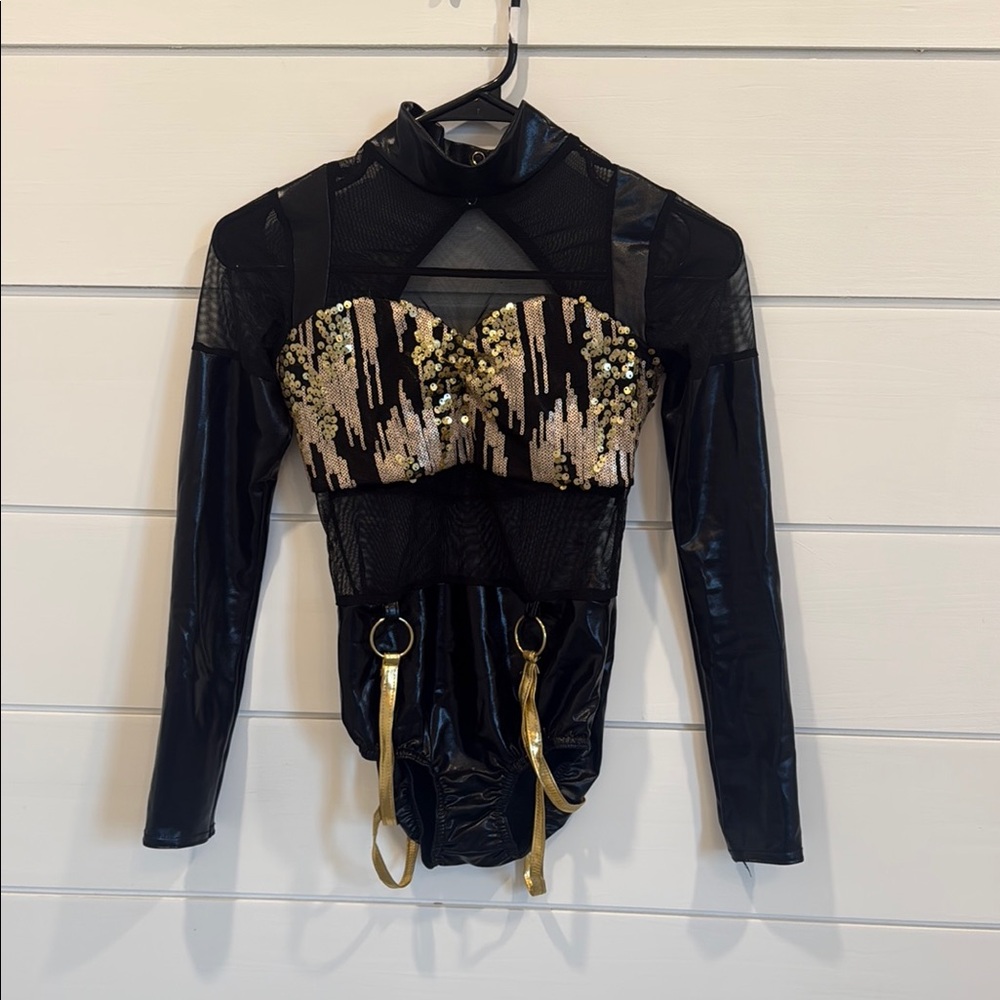 Black Long-Sleeve Mesh Bodysuit with Gold Sequin Bust
